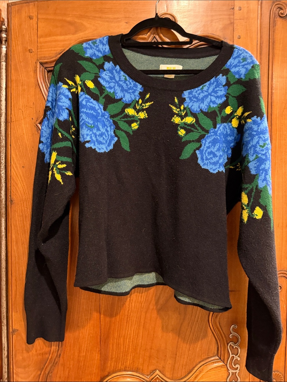Maeve Black Floral Crewneck Sweater with Blue Roses